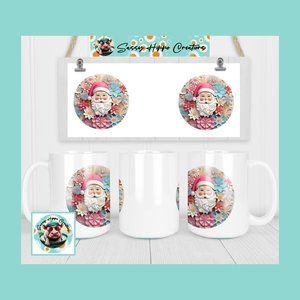 Ceramic Coffee Mug 3D Santa Claus Christmas Holidays Flowers 15oz Hand Sublimate